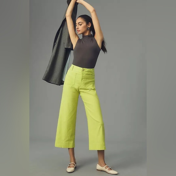 🍐 Maeve the Colette Lime Green Linen Stretch Cropped Wide-leg Pants sz 30 - Picture 1 of 9